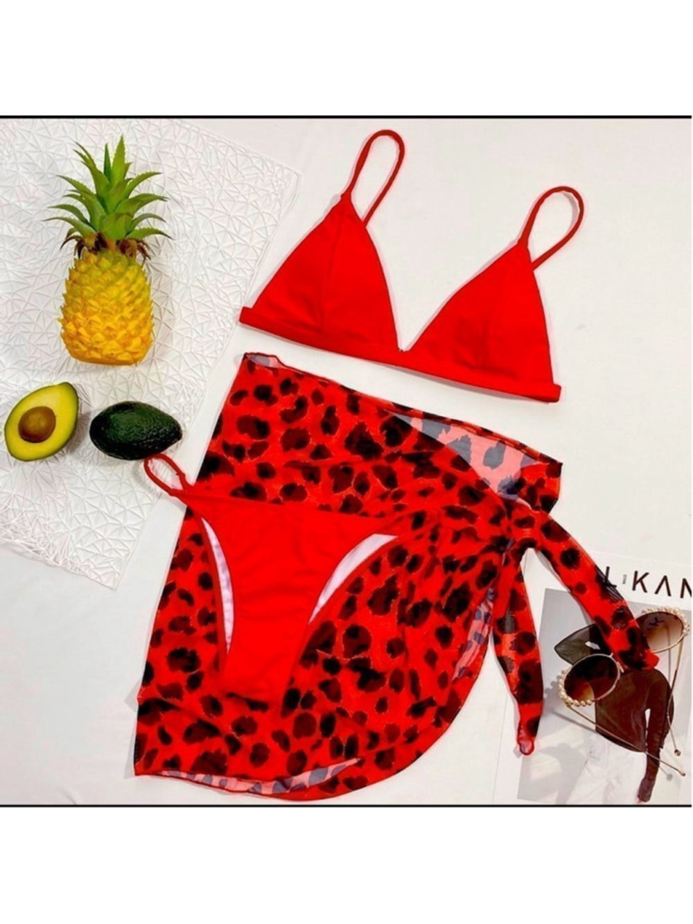 Vibrant Red and Black 3 pc Bikini Set with Leopard Print Wrap